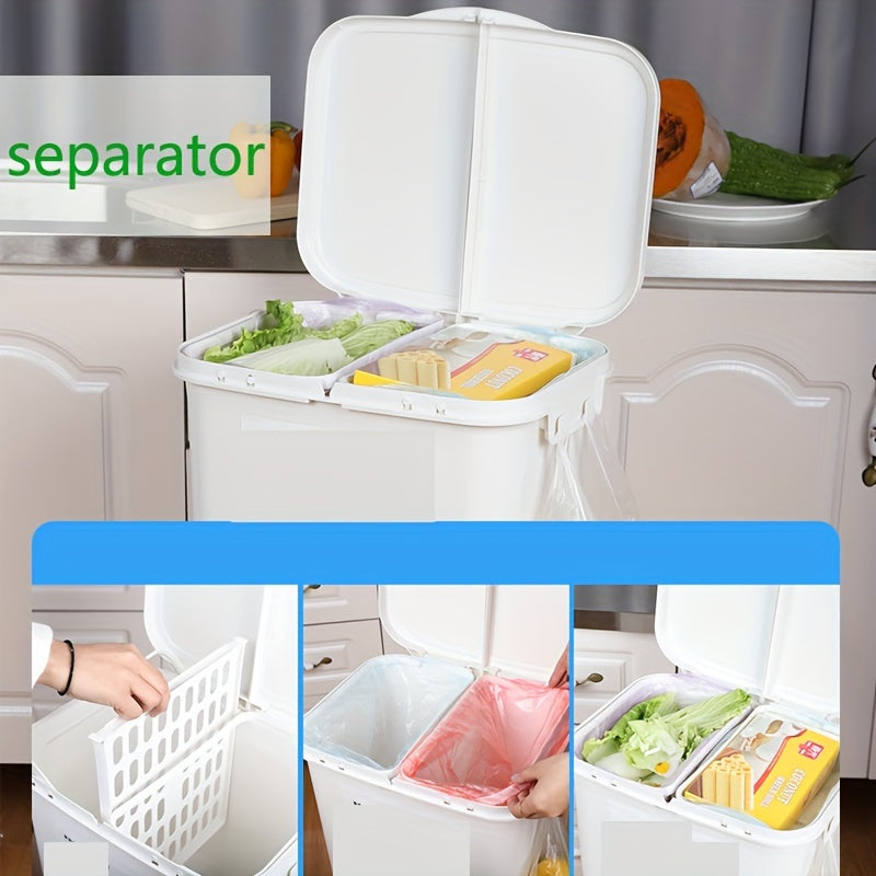 Spacious Trash Can with Two Compartments and Lid - Resistant to Odors, Easily Portable for Kitchen and Home Waste Sorting, Recycling, Dry and Wet Waste Separation, and Storage.