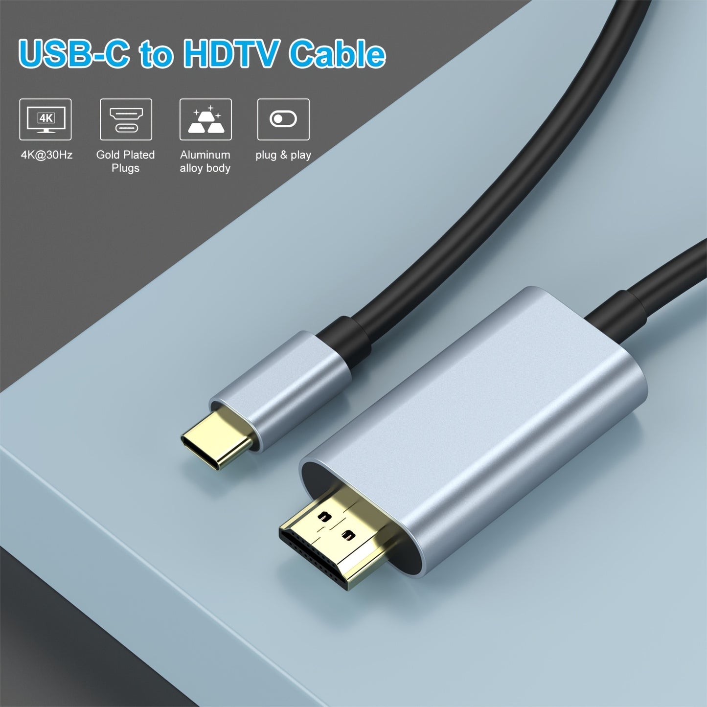 182.88cm USB-C to HDTV Cable for MacBook Air, iPad Pro, Surface, Chromebook, TV Monitor. 4K HD resolution, flat male to male connector, includes Cat5e Ethernet Cable and USB-powered with 5V