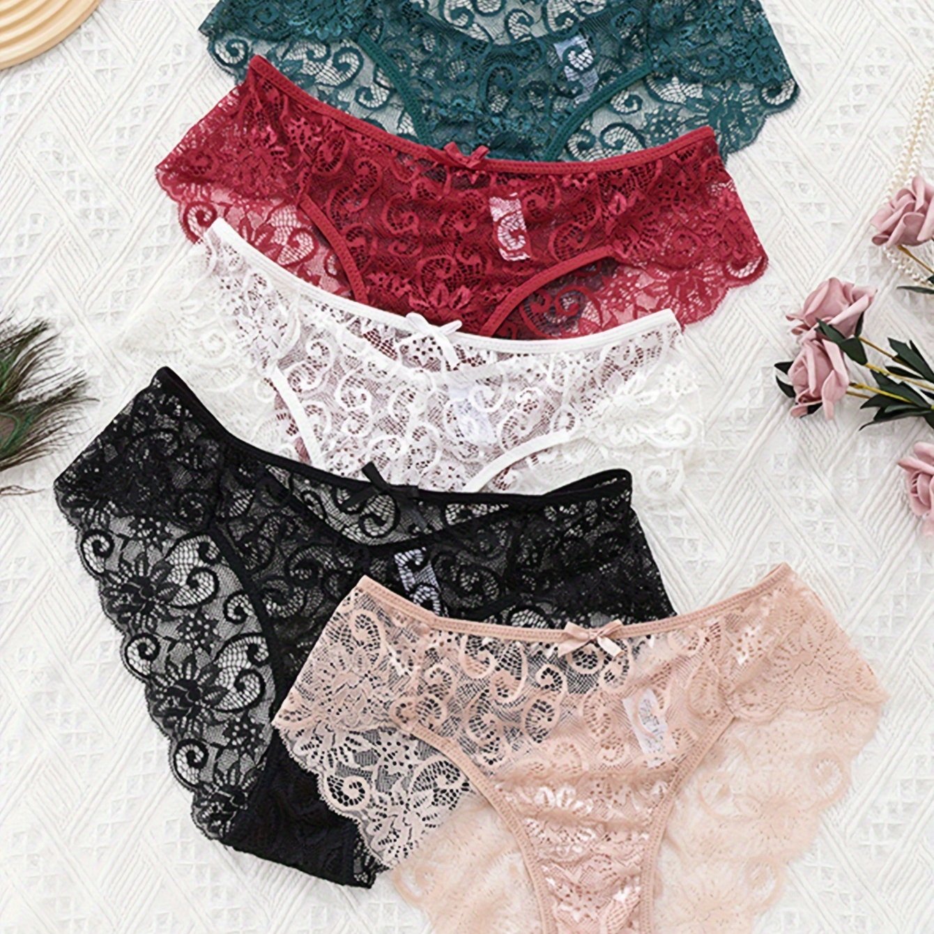 Set of five sexy lace hollow waist briefs for women.