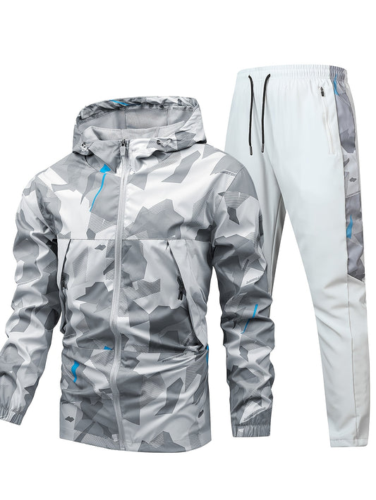 Men's Camo Windproof Athletic Set - All-Season Sports Hooded Jacket & Pants, Quick-Dry, Breathable, Reflective, Full-Zip Gym Suit with Slight Stretch, Polyester & Elastane, Outdoor Fitness