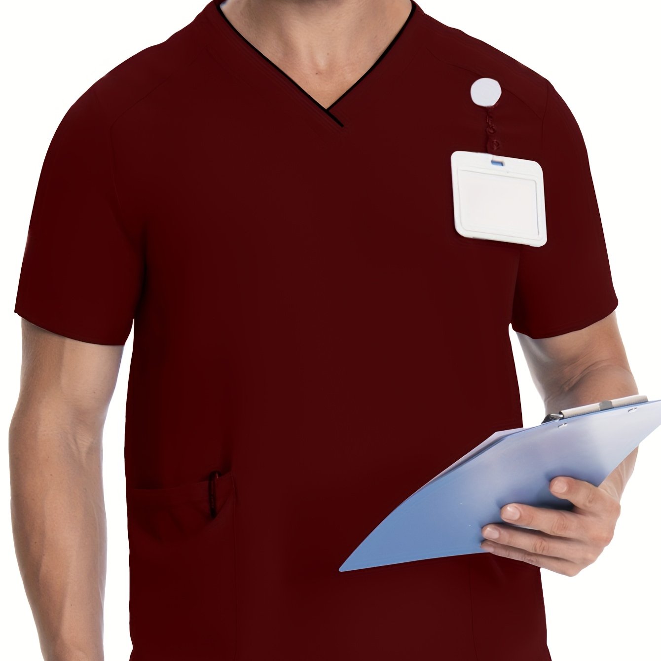 Men's Short Sleeve V-Neck Scrubs with Pockets, Polyester Lab Coat, Breathable with Slight Stretch, Regular Fit, Ideal for Pet Grooming and Medical Uniforms in Spring/Summer/Fall.