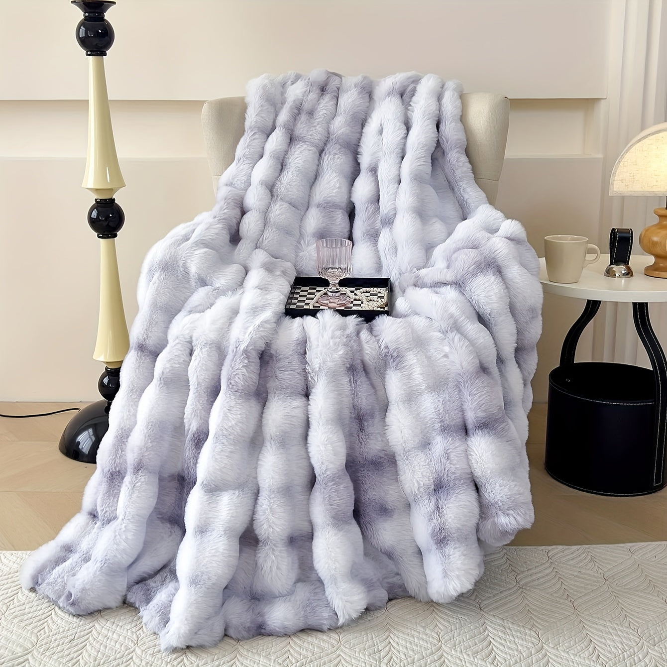 One piece of tie-dye faux rabbit fur blanket with shaggy short plush material for a soft, fluffy bed or sofa blanket, perfect for cozy naps and throws.