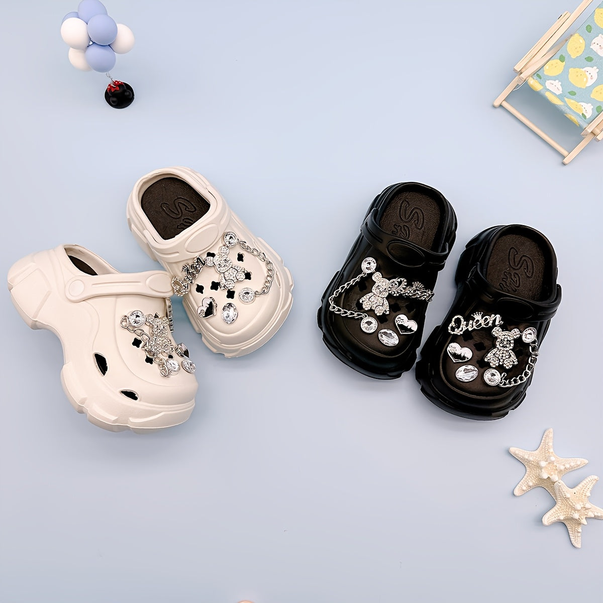 Kids EVA Clogs with Heart & Bear Charms, Casual Slip-On Sandals for Boys and Girls