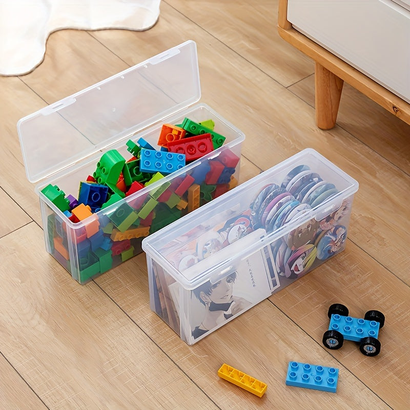 Durable plastic storage box with flip lid for building blocks, toys, and office supplies.