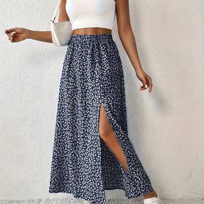 Women's Floral Print Split Skirt - Lightweight polyester, White and Blue Floral Design, Ideal for Spring/Summer/Fall, Casual Vacation Style.