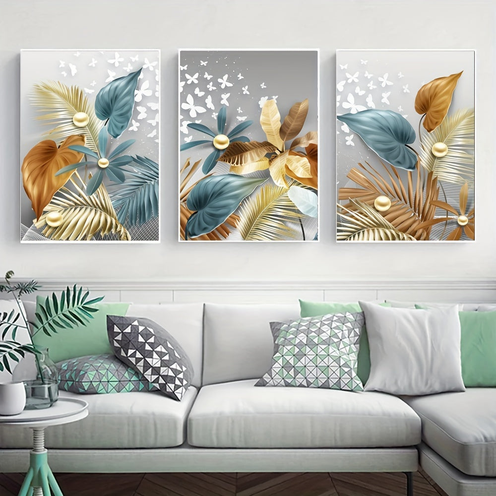 Luxury canvas print posters set of 3 featuring flower and leaf artwork for various rooms, no frames included.