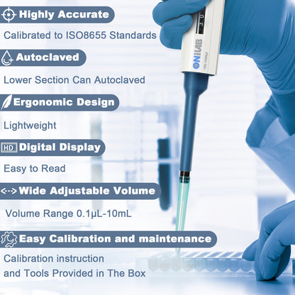 High-Precision ONiLAB Micropipette, adjustable 0.1ul-10ml, autoclavable, with ergonomic grip and storage holder.