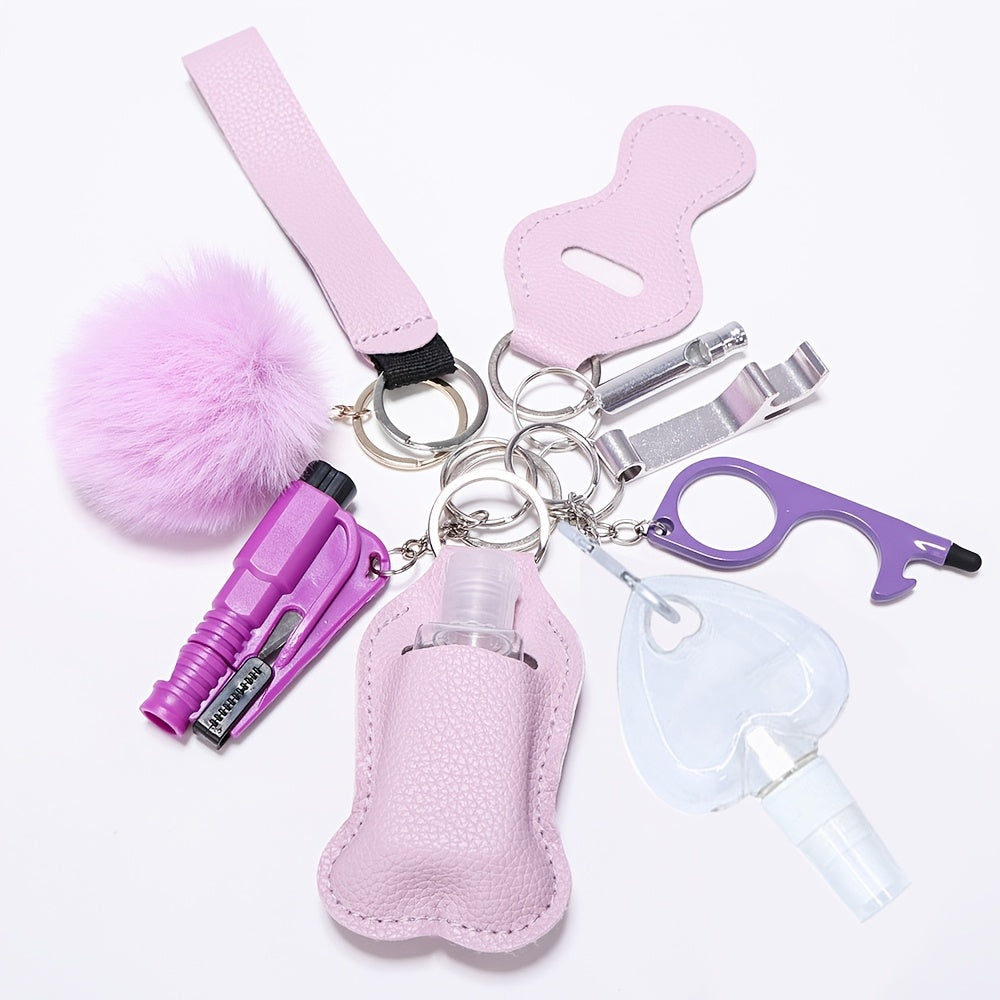 A set of 10 self-defense items for women, including a window breaker, spray bottle, lipstick holder, and other accessories. Perfect for birthday gifts for moms and women.