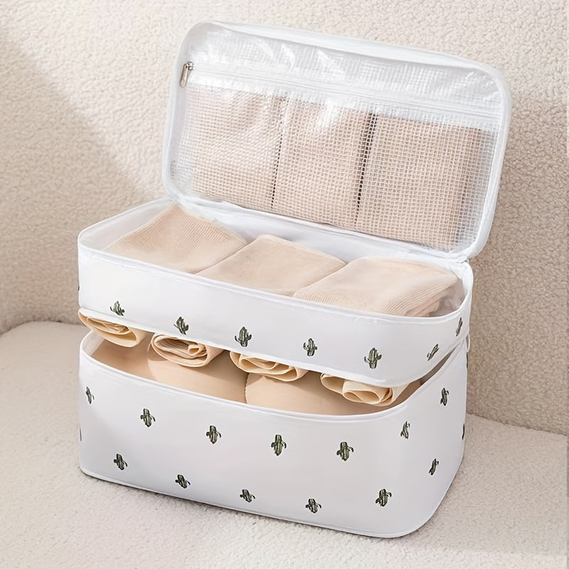 Travel underwear and bra organizer bag with double-layer design and divided compartments. Made of beige polyester fabric with a mesh interior. Ideal for dorms, trips, and daily use. Hand