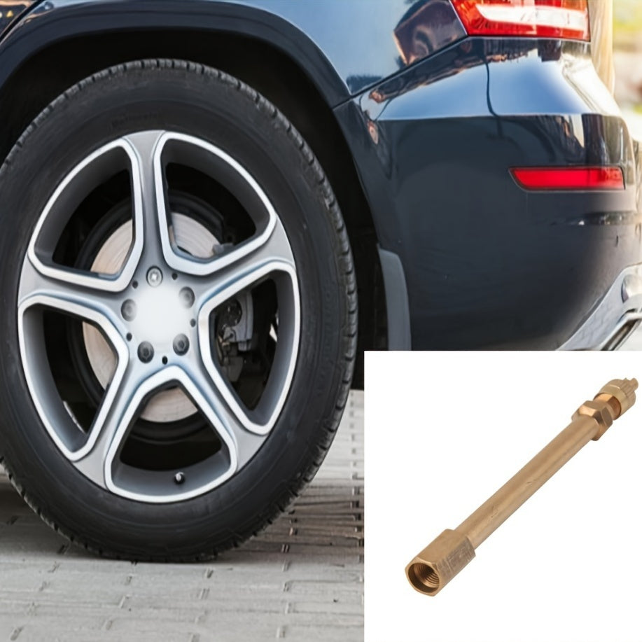 Two pieces of Golden Copper Tire Valve Extension Stems, suitable for use on cars, trucks, vans, RVs, and SUVs.