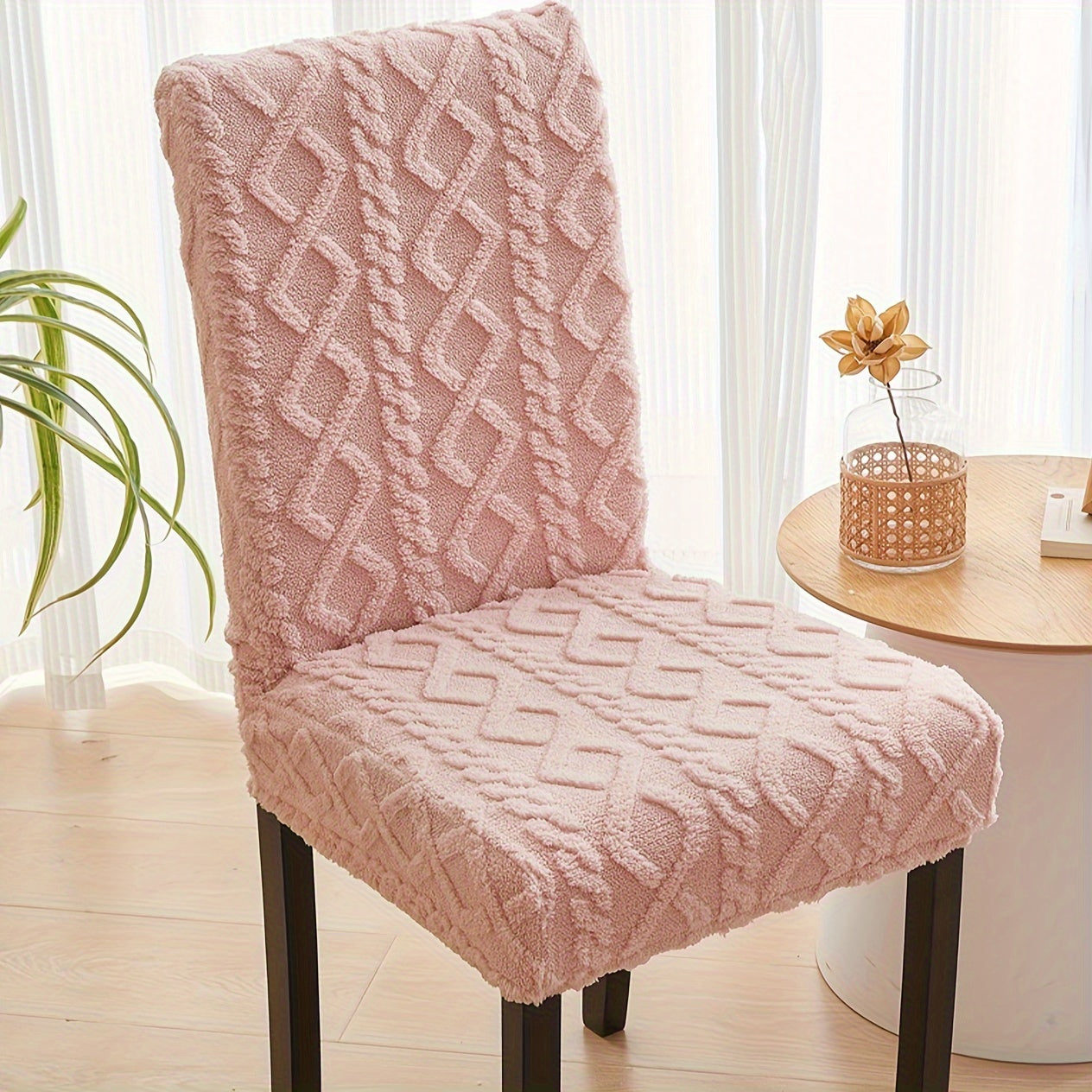 Elastic chair cover with double-sided jacquard design for home decor.