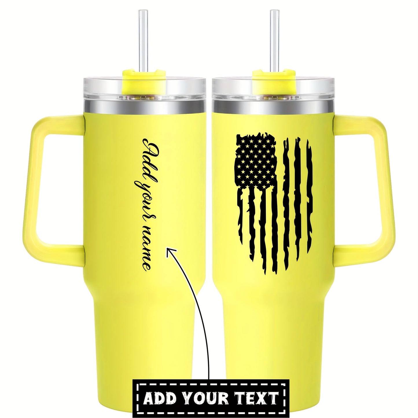 Introducing our custom 40oz stainless steel tumbler with a convenient handle and lid. This personalized tumbler features an American flag print and is double wall vacuum insulated for keeping your drinks at the perfect temperature while you're on the go.