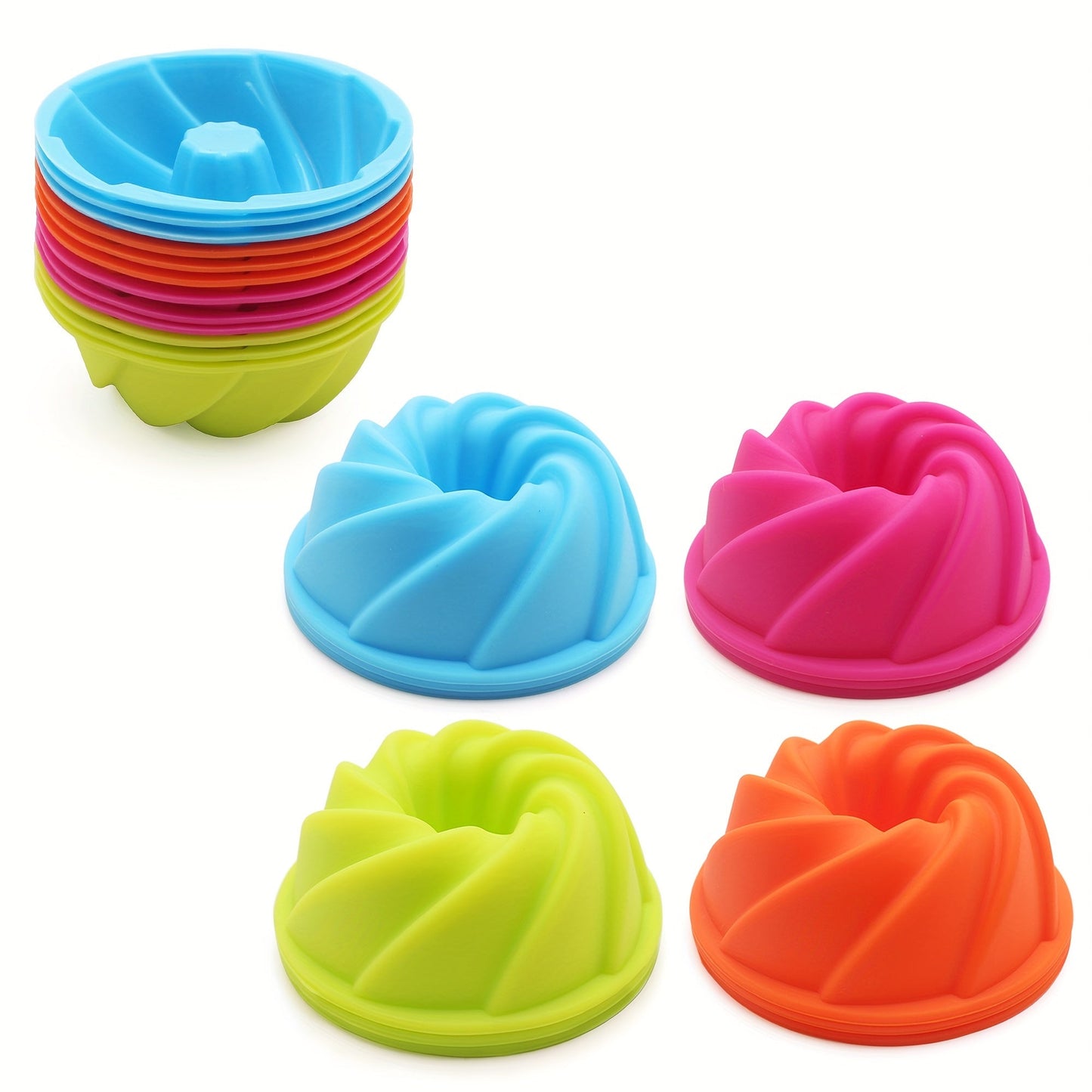 Silicone Bundt Keks Qovoq Seti - 12 ta yopishmaydigan Mini Fluted Keks Qoplari, 6.35 sm Spiral Silikon Qovoqlari - Bagel, Muffin, Jeli va Keks Pishirish uchun Isiga Bardoshli Pishirish Asboblari