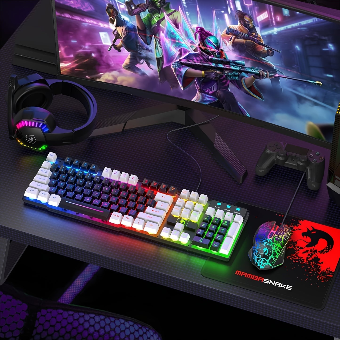 4-in-1 Gaming Bundle with Rainbow LED Backlit Keyboard, Mouse, Mousepad, and Headset - Includes 104 Keys, Multimedia Controls, 2400 DPI Mouse, Over-Ear Headphones with Mic, Non-Slip Mouse