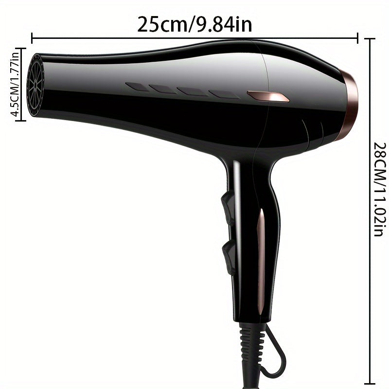 Powerful 2100W hair dryer with strong wind, European plug, long cord, plastic body, diffuser, brush motor, ideal for home styling.