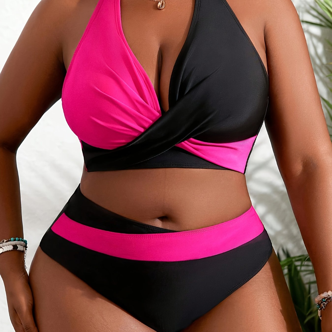 TIDALOLY Plus Size Two-Piece Swimsuit Set for Women - Color Block Bikini with Strapless Top, High Stretch, Removable Pads