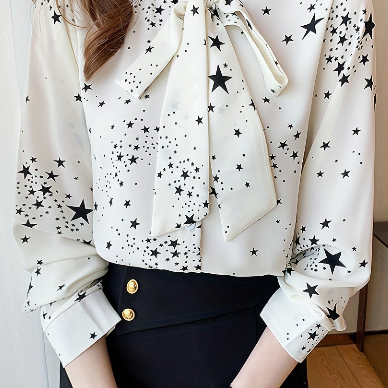 Chic long sleeve blouse with bow tie detail, made of 100% polyester and machine washable. Perfect for spring and fall fashion.