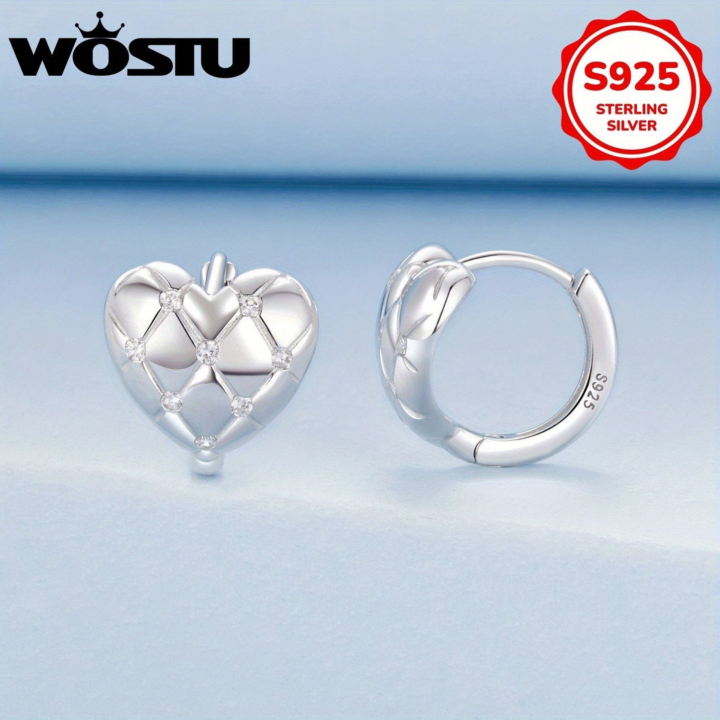 Adorable Pair of Japanese & Korean Inspired Heart & Checkered Pattern Sterling Silver Earrings with Synthetic Zirconia, Ideal for Hypoallergenic Women's Fashion Jewelry, Great for Everyday Wear or as a Valentine's Day Gift