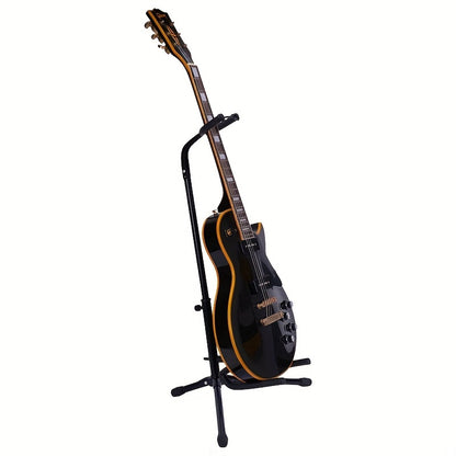 Vertical guitar stand with X-shaped base for stability, ideal for displaying acoustic and electric guitars in bedroom.