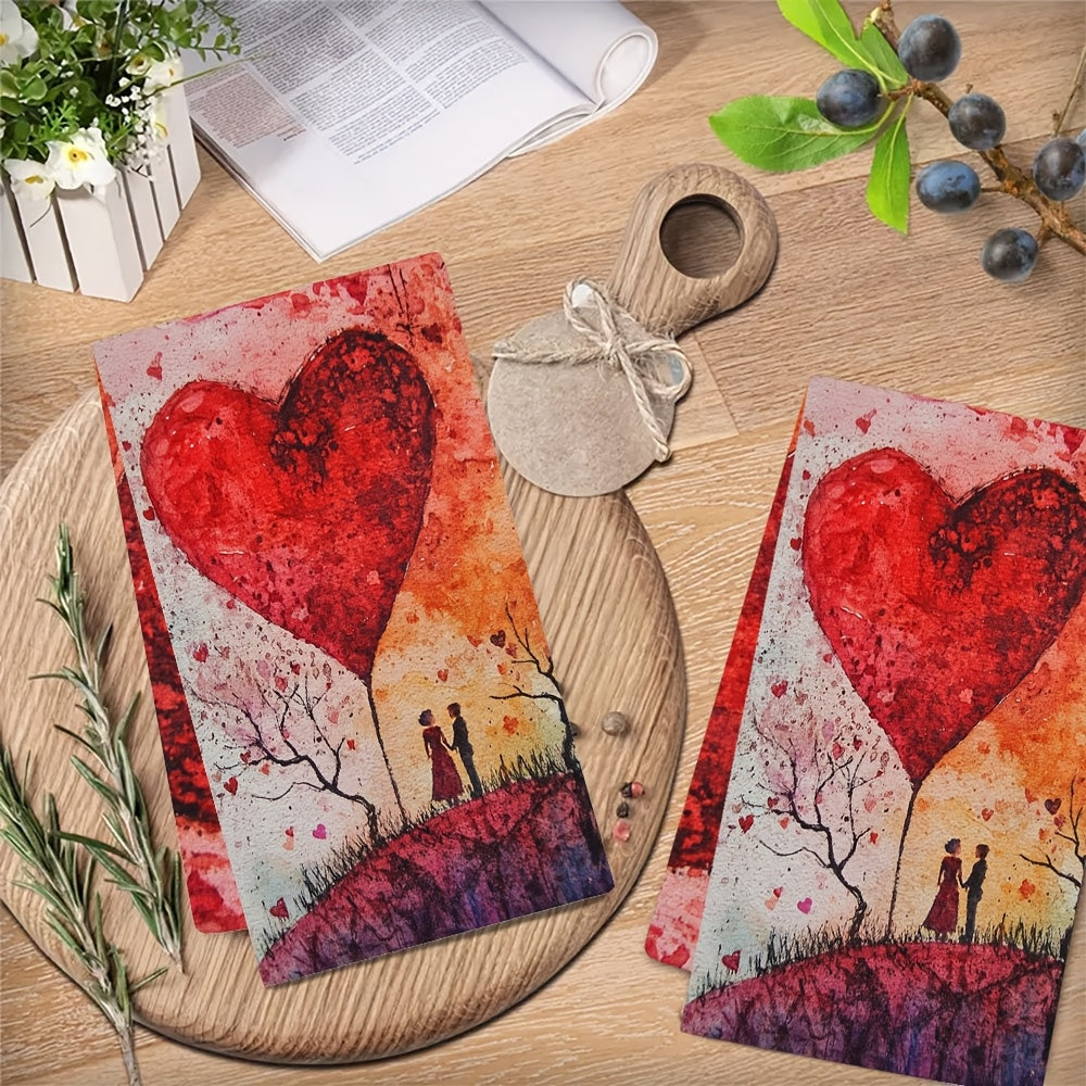 Set of 2 Romantic Sunset Heart Balloon Kitchen Towels - Made from Ultra Soft and Highly Absorbent Polyester, Size 40.64x60.96 cm, Easy to Clean in the Washing Machine, Perfect for Valentine's Day Decor and Daily Use as Dish Hand Towels