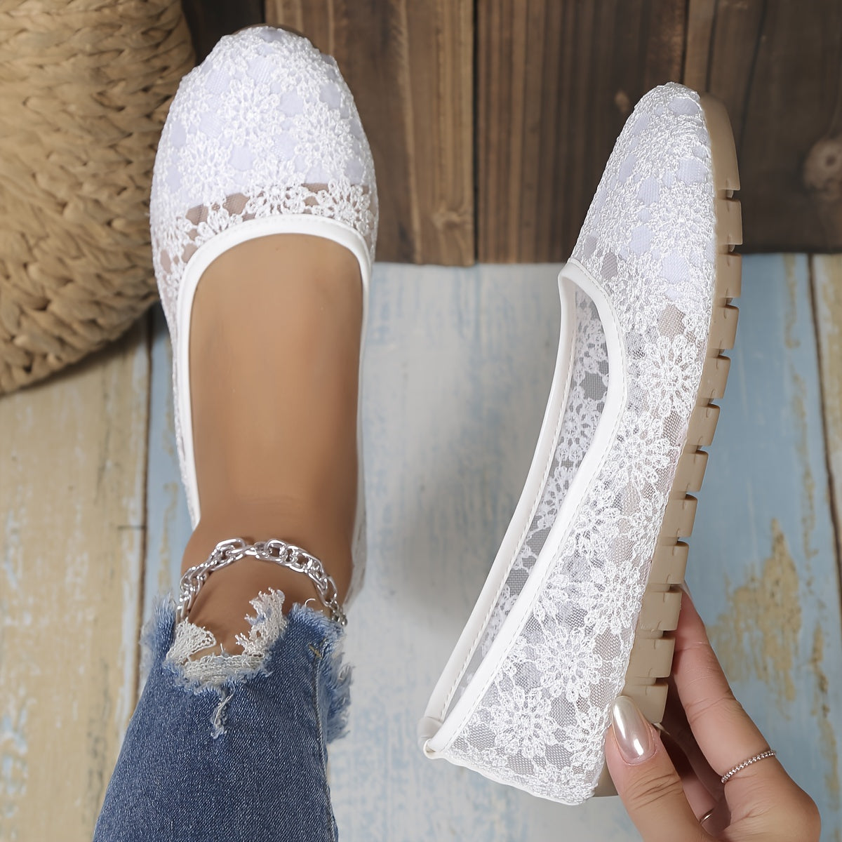 Women's Floral Lace Ballet Flats, Soft Sole Breathable Shoes