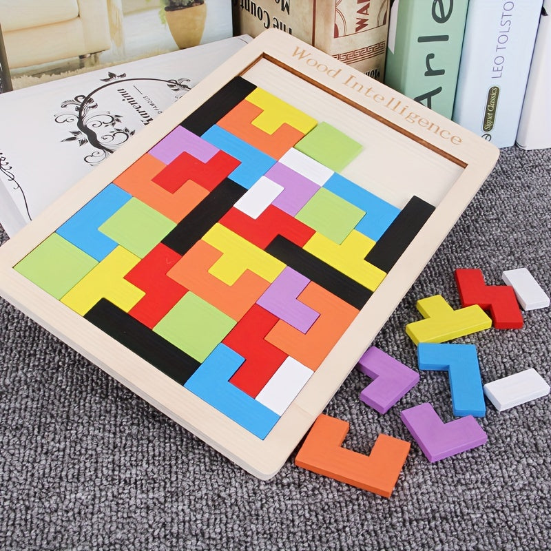 Colorful wooden 3D puzzle blocks for youngsters to enhance creativity and intelligence. STEM learning activity for cognitive development with multi-colored shapes on light brown wooden