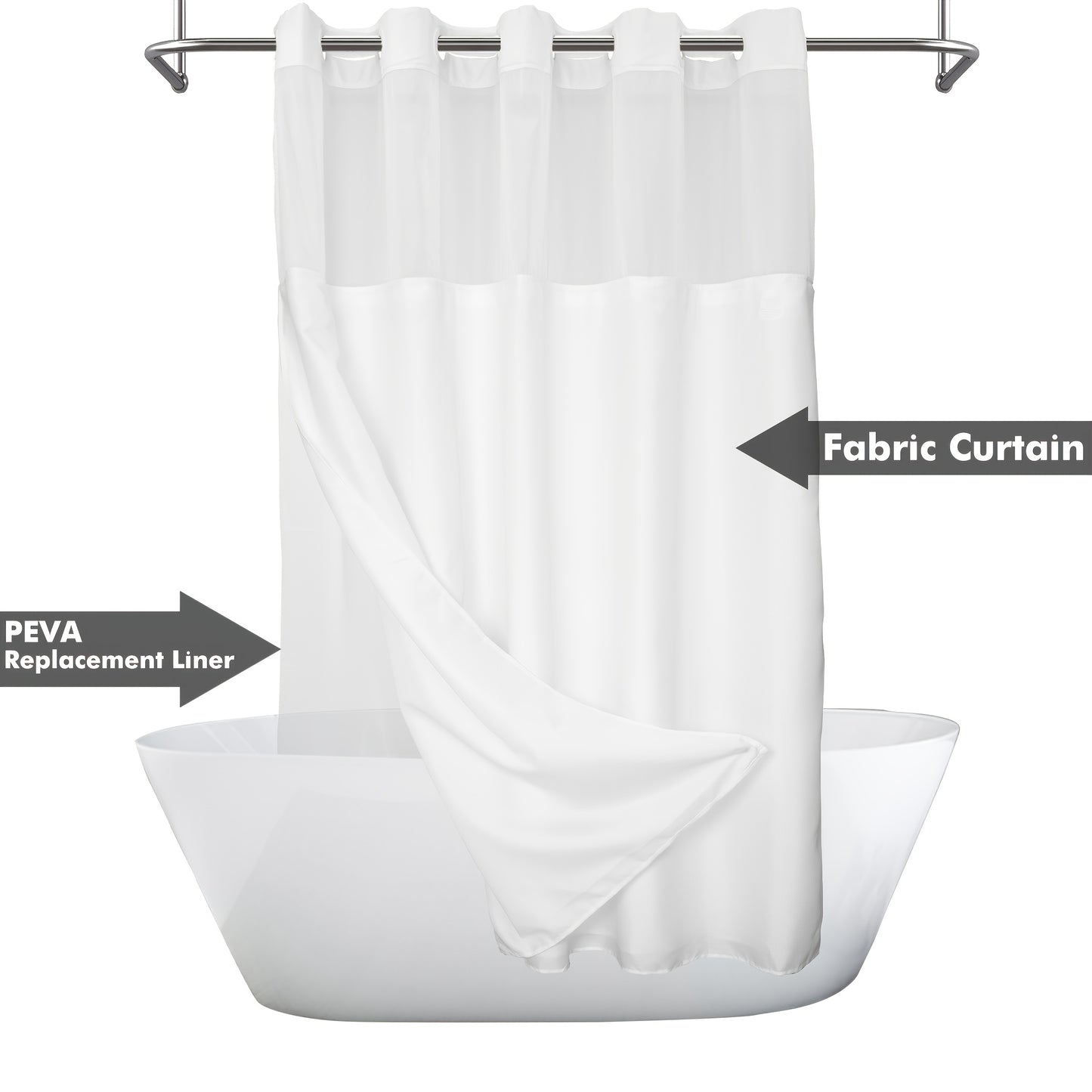 1-piece white shower curtain with snap-in PEVA liner, window, waterproof, 71x74inch.