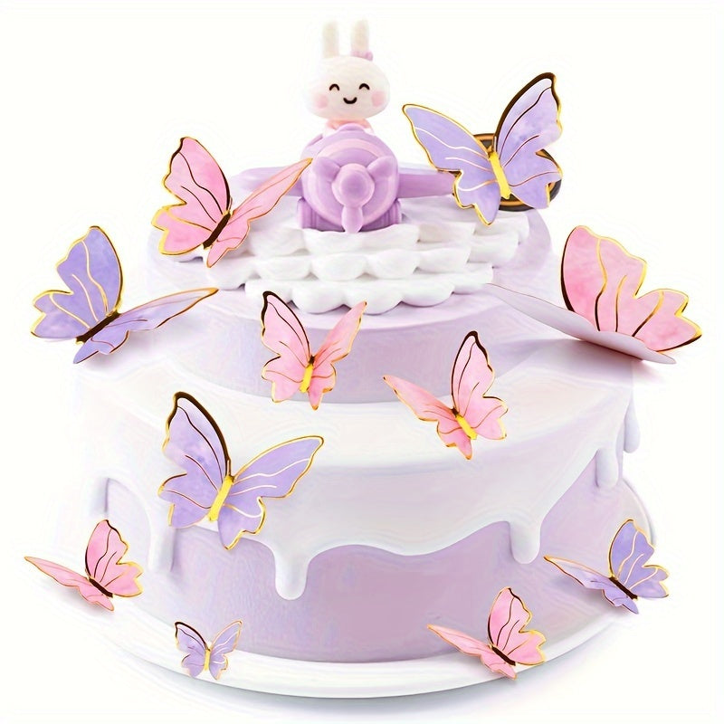 40 pieces of butterfly cake decorations, including 3D cupcake and wall decorations in pink and purple for birthdays, anniversaries, and parties.