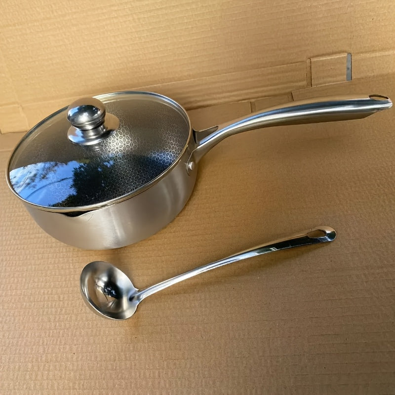 This saucepan is made of durable 316 stainless steel and features a honeycomb non-stick surface, making it perfect for cooking a variety of dishes like baby food, soup, stew, and fried noodles. It also comes with a lid and measuring ladle for added