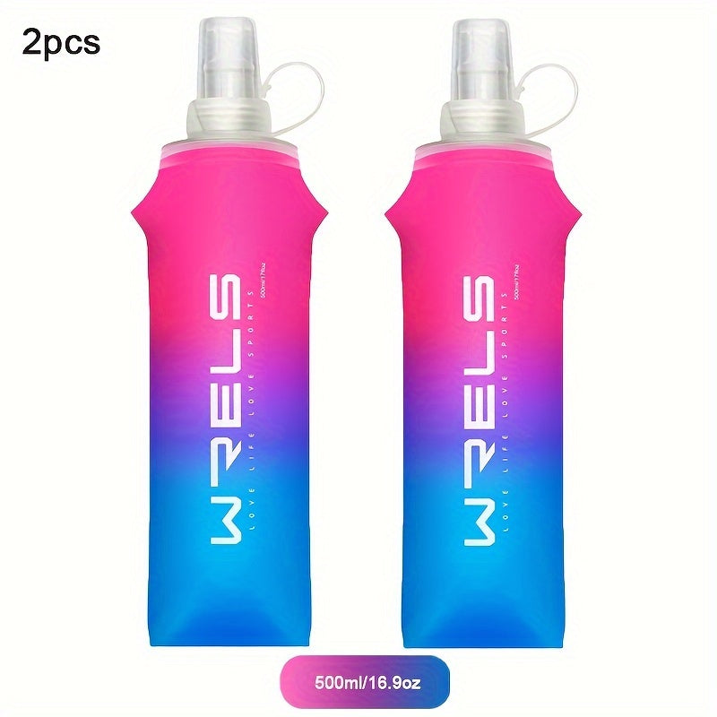 WRELS 2pcs collapsible silicone water bottles in sizes 8.5oz & 17oz, BPA-free for running, hiking, and cycling.