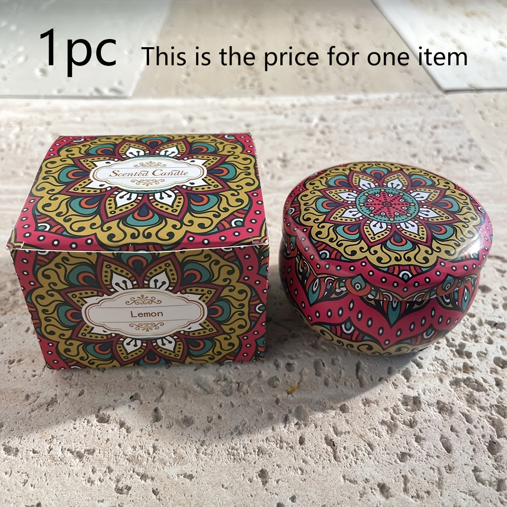 Bohemian Mandala Style Scented Candle Gift Set with Dried Flower Embellishment, Spice Scent, Soy Wax Material for Seasonal Celebrations, Indoor Use, and Holidays.