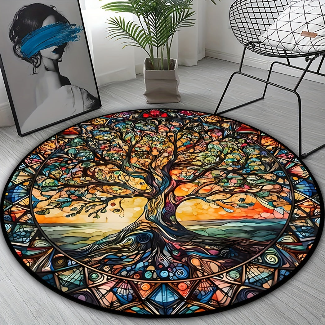 Retro and creative, this 3D Tree Of Life pattern round area rug is the perfect addition to your living room, bedroom, or kitchen. Made with soft and stain-resistant materials, this floor mat is easy to clean in the washing machine. Available in various