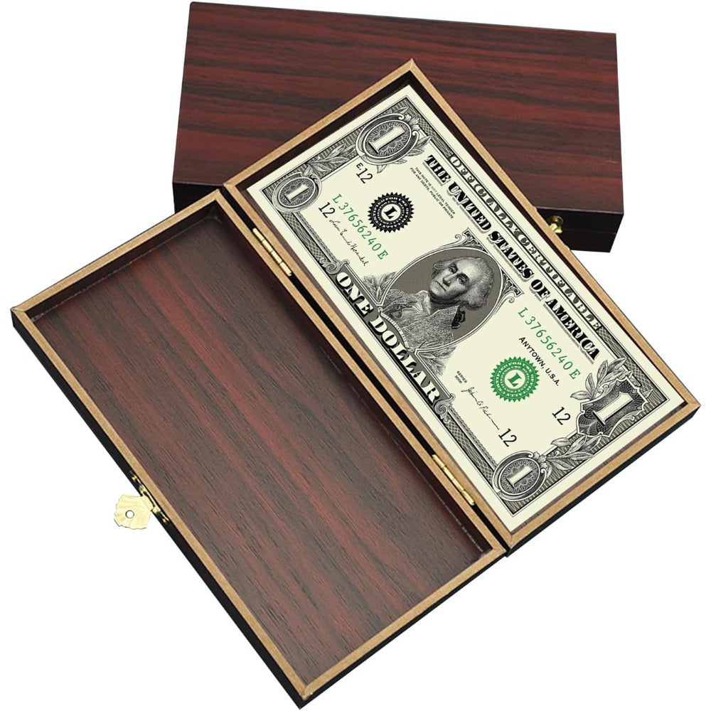 Lockable wooden money storage box with single compartment cash organizer and lockable cover for home organization.