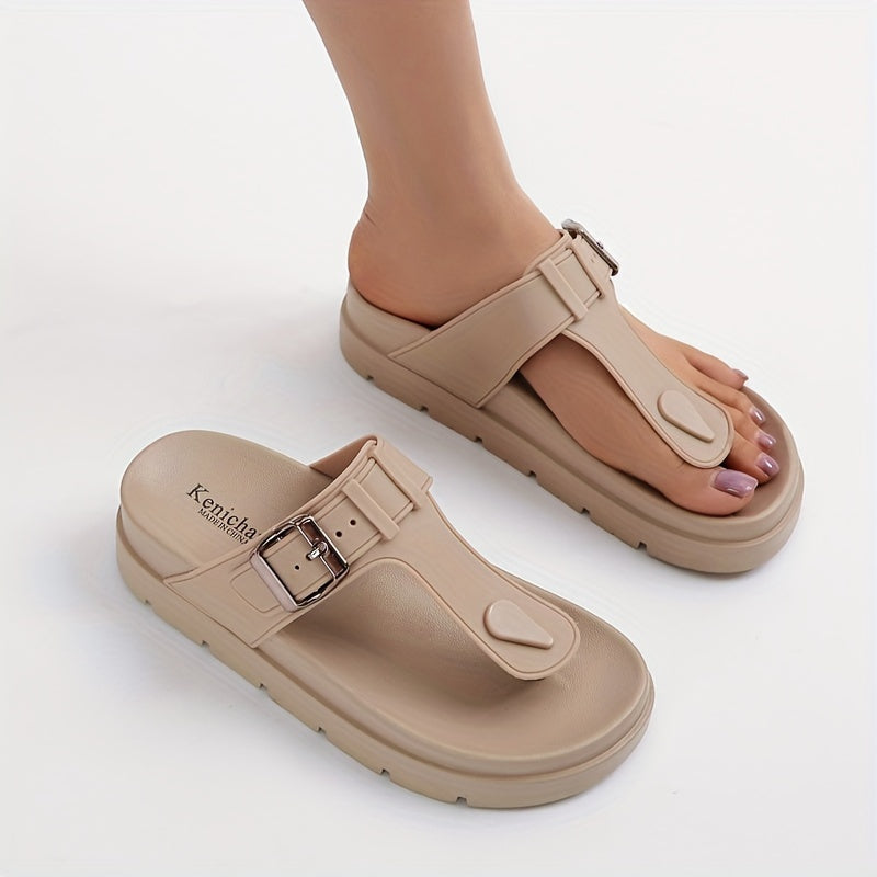 Comfortable Solid Color Flip Flops for Women, Casual Clip Toe Summer Shoes with Buckle Strap Detail