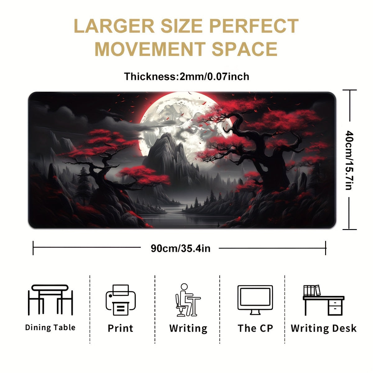 Large gaming mouse pad with dark red moon design and non-slip surface, perfect as a gift for teens or significant others.