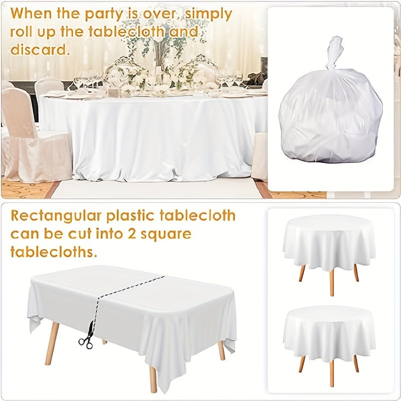 White Disposable Tablecloth - 12 pieces, measures 137x274cm. Waterproof and oil-resistant plastic, perfect for rectangular tables. Ideal for parties, weddings, family picnics, and birthdays.