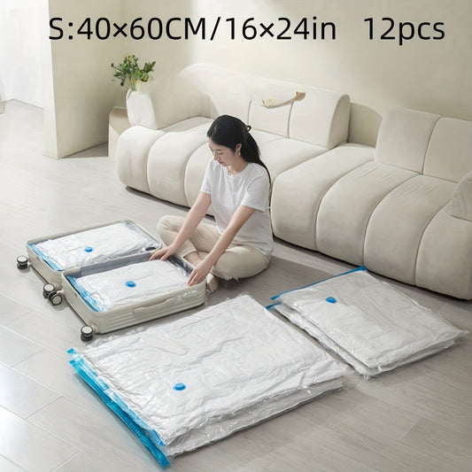 Set of 12 Space-Saving Vacuum Storage Bags with Durable Plastic Seals, Travel-Friendly Rectangular Design, Ideal for Clothing and Pillows, Requires No Electricity