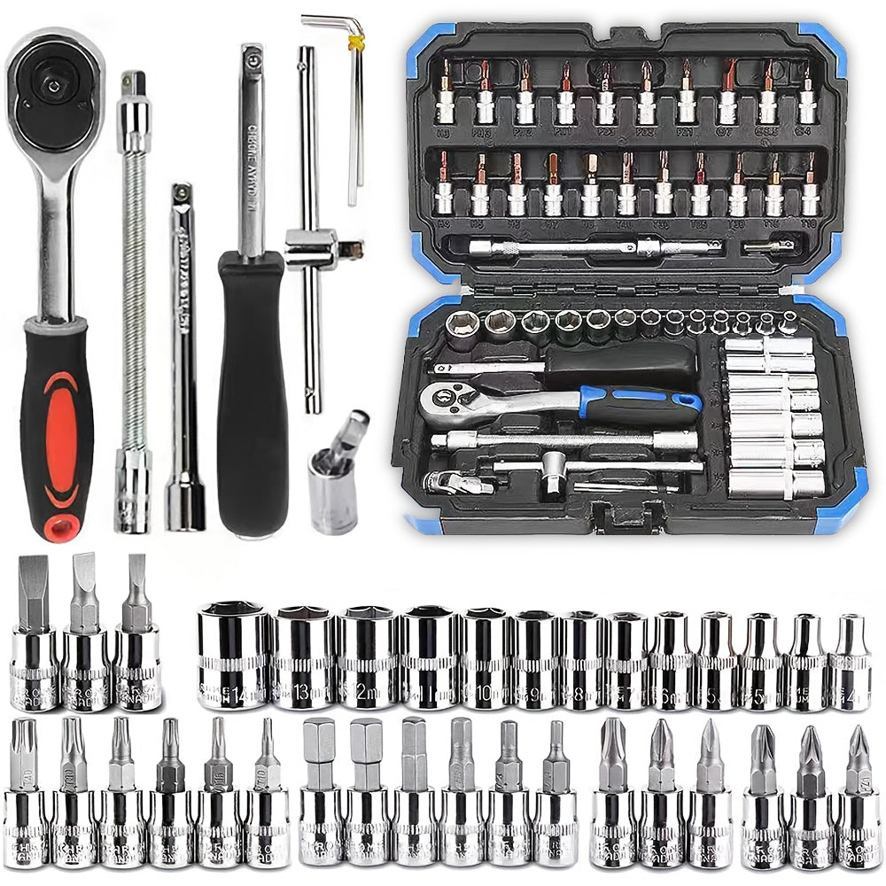 High-end Professional 53&46pcs 1/4 inch Drive Tool Set for automotive and home repair, includes ratchet wrench, metric sleeves, and extension bar with storage box.