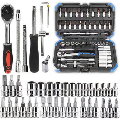 High-end Professional 53&46pcs 1/4 inch Drive Tool Set for automotive and home repair, includes ratchet wrench, metric sleeves, and extension bar with storage box.