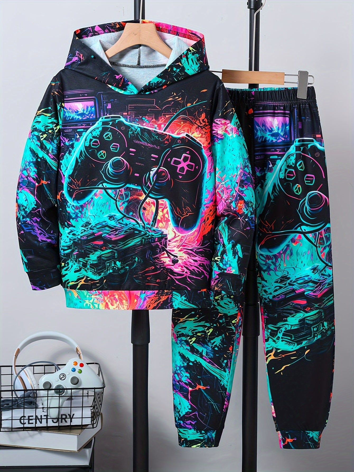 New Autumn "Game Console" Pattern Full Print Hoodie and Sweatpants Set for Big Boys