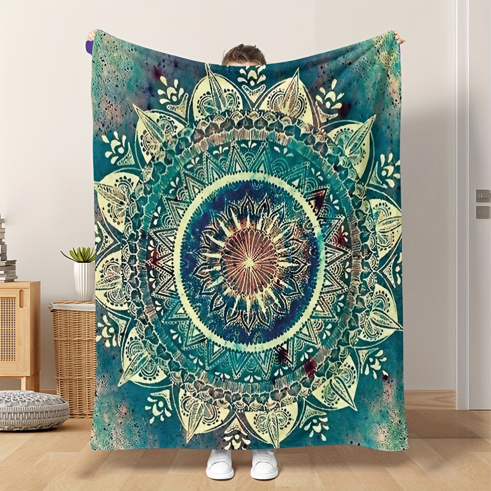 Bohemian Style Mandala Fleece Blanket - This cozy blanket features vibrant blue, green, and yellow patterns, making it the ideal addition to your sofa, bedding, or for napping. Made from soft polyester, this blanket is perfect for all seasons and makes a