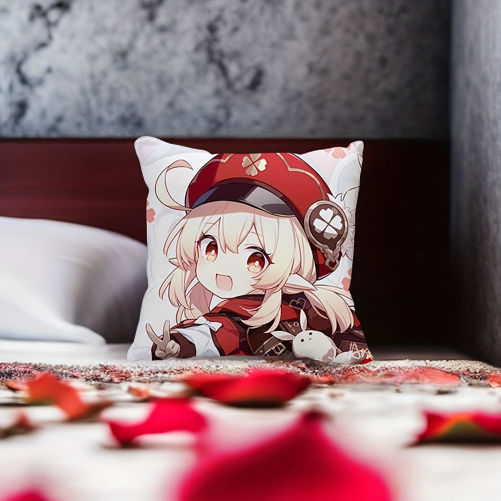 Soft and stylish, this velvet pillow cover features a 1pc anime game character design. Made with peach skin cushion material, this 17.7x17.7 inch cover is perfect for adding a touch of luxury to your living room, bedroom, hotel, sofa, car, office, or any