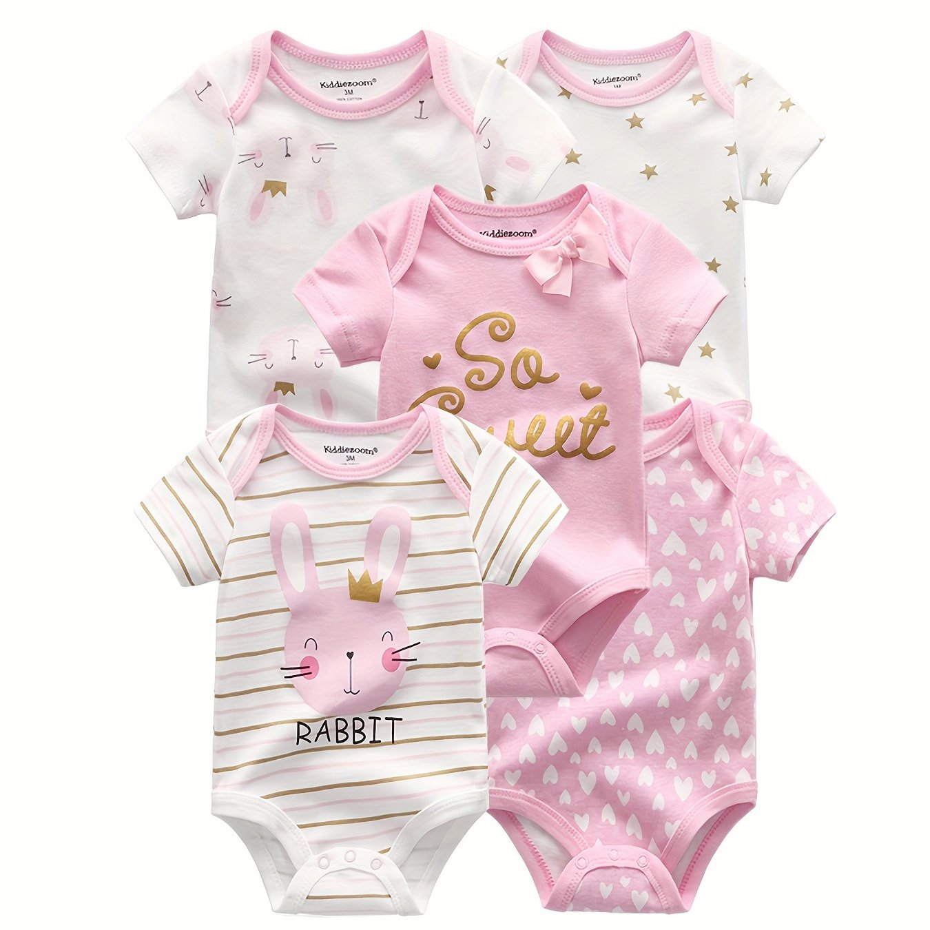 Baby's summer bodysuit set with cartoon rabbit and star pattern. Ideal gift for outdoor play.