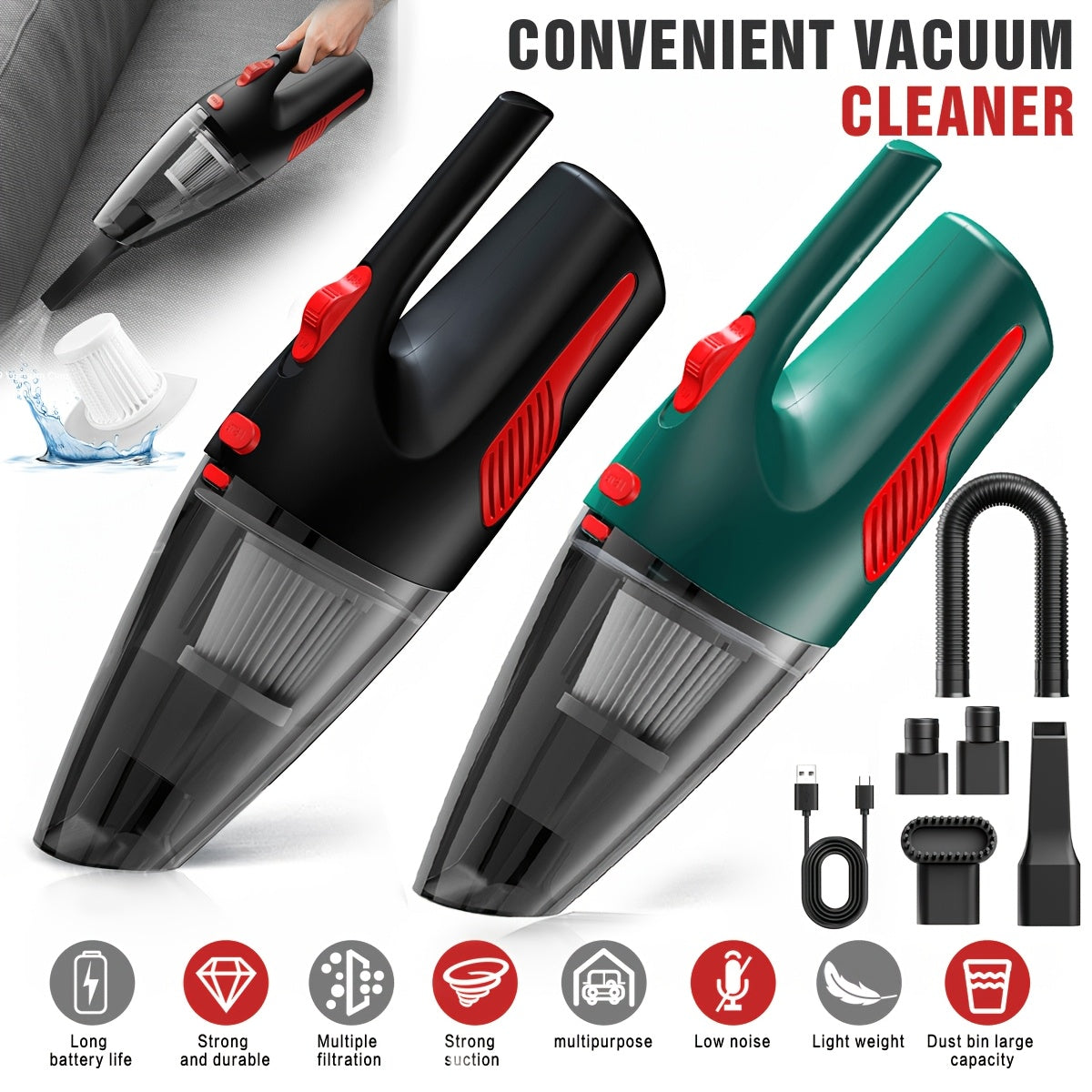 CascadeVac Cordless Handheld Vacuum Cleaner, Compact Dust Remover with Powerful Suction, Made of Durable Plastic, includes Crevice Tool and Rechargeable Lithium Battery with 2000mAh Capacity, Ideal for Use in Cars and Homes.