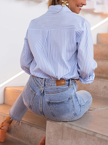 Women's chic striped button-up with long sleeves, lightweight polyester blend, blue and white stripes, ideal for spring/summer