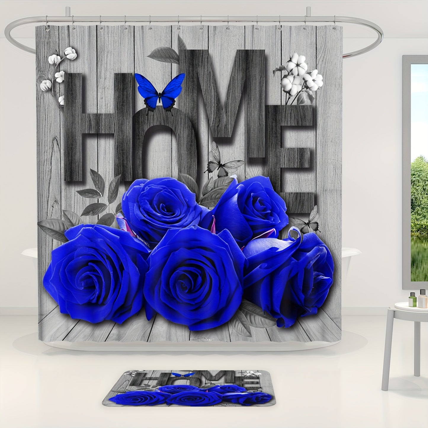 1 Romantic Rose and Butterfly polyester bathroom set includes a water-resistant floral shower curtain with 12 hooks, non-slip mats, a U-shaped bath rug, and round toilet lid cover. Machine washable and perfect for all-season home decor.