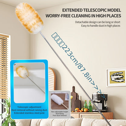 The Wool Duster is a household cleaning tool with a retractable and detachable wooden bamboo handle that extends up to 223.01cm. It effectively absorbs ash and eliminates dust without causing any mess.