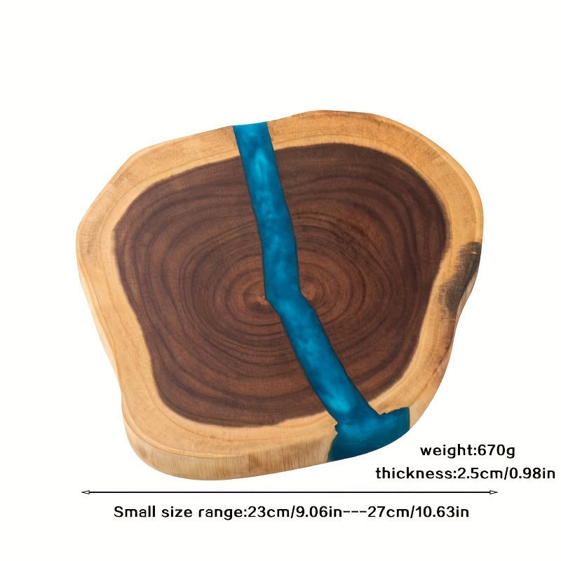 High-quality resin-accented Acacia board for chopping logs and cutting food in the kitchen. Made from ecological wood with a stylish irregular design. Ideal for cutting steak and other foods.