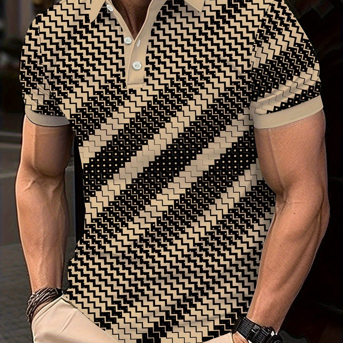 Men's geometric pattern short sleeve lapel t-shirt for summer, casual trendy streetwear top, ideal as a gift.