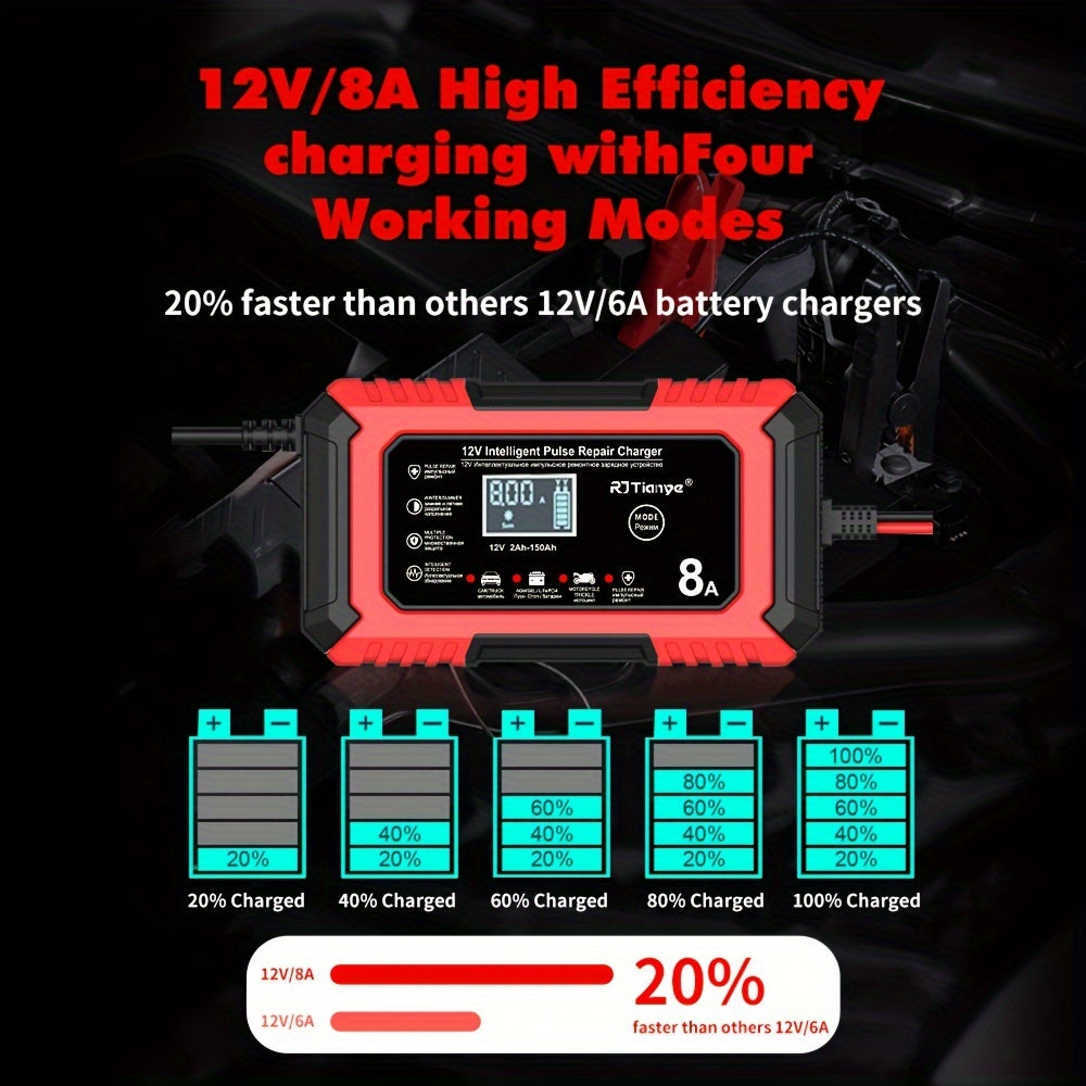 12V 8A Smart Pulse Repair Charger with LCD Display for Vehicles - Intelligent Battery Maintainer for Various Battery Types - Automatic Mode, Overheat & Overcharge Protection, Stylish Red &